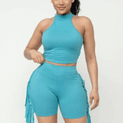 Nellie Mock Neck Crop Top And Side Laser Cut Short Set-Jade - La Belle Gina Boutique