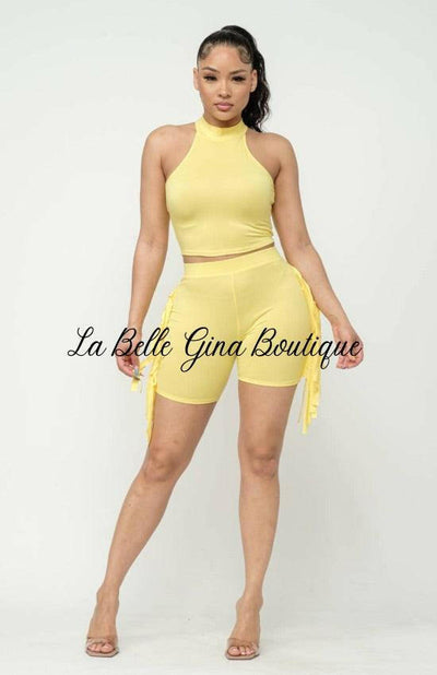 Nellie Mock Neck Crop Top And Side Laser Cut Short Set-Light Yellow - La Belle Gina Boutique