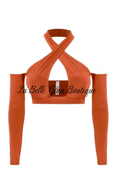 NELLIE off shoulder long sleeves crisscross open back top - La Belle Gina Boutique