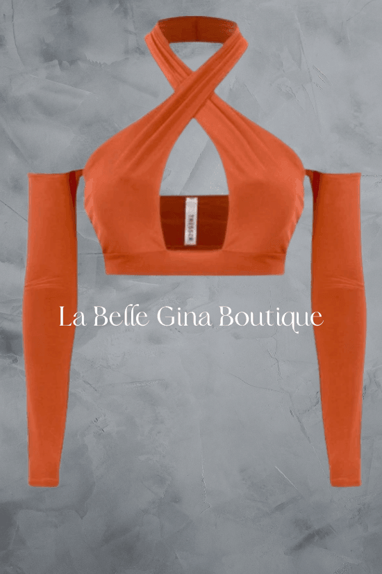 NELLIE off shoulder long sleeves crisscross open back top - La Belle Gina Boutique