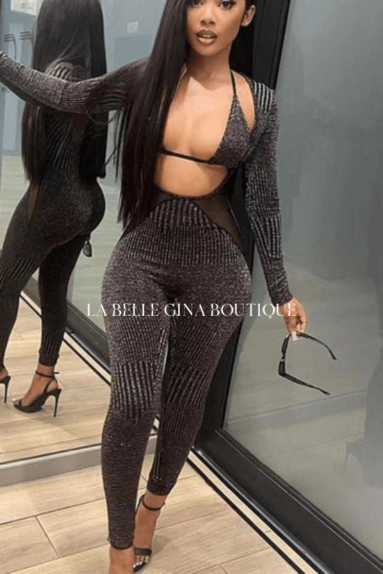 Nita Long sleeves open front jumpsuit halter bikini 2 piece set. - La Belle Gina Boutique