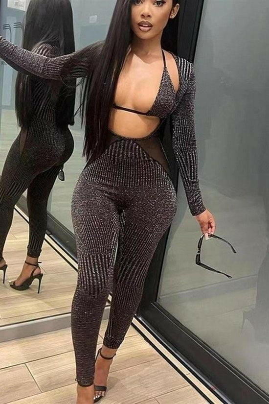 Nita Long sleeves open front jumpsuit halter bikini 2 piece set. - La Belle Gina Boutique