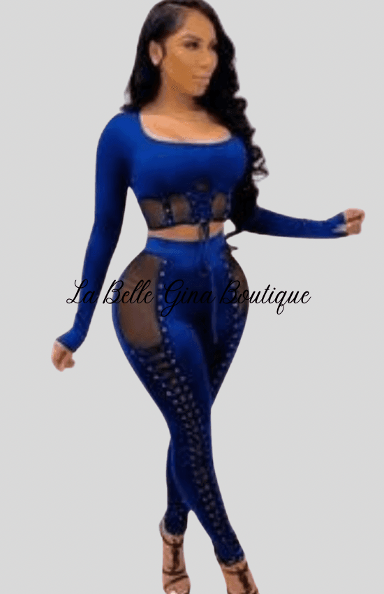 Nora Lace up mesh panel 2 piece pants suit - La Belle Gina Boutique