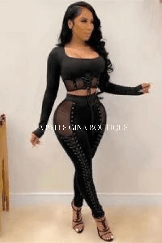 Nora Lace up mesh panel 2 piece pants suit - La Belle Gina Boutique