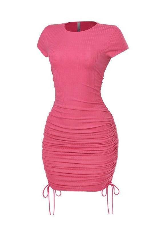 Rosy rib ruched round neck mini dress - La Belle Gina Boutique