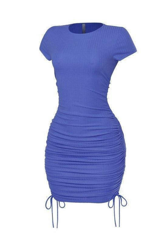 Rosy rib ruched round neck mini dress - La Belle Gina Boutique