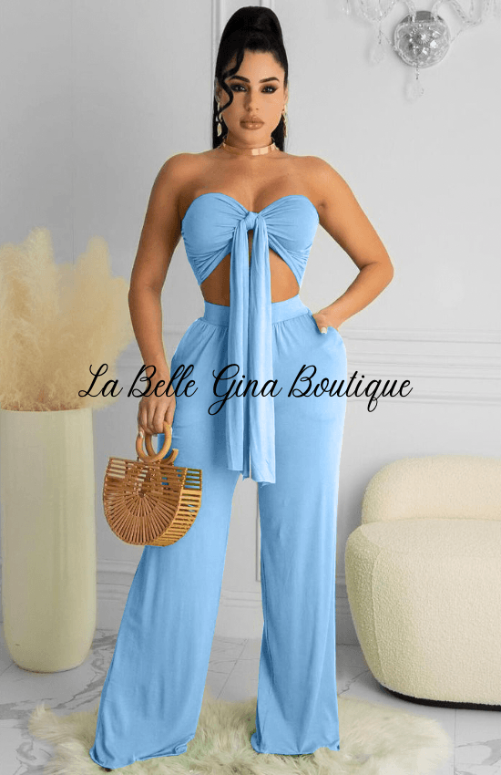 Saly Slim wrap Chest casual two piece sets-blue - La Belle Gina Boutique