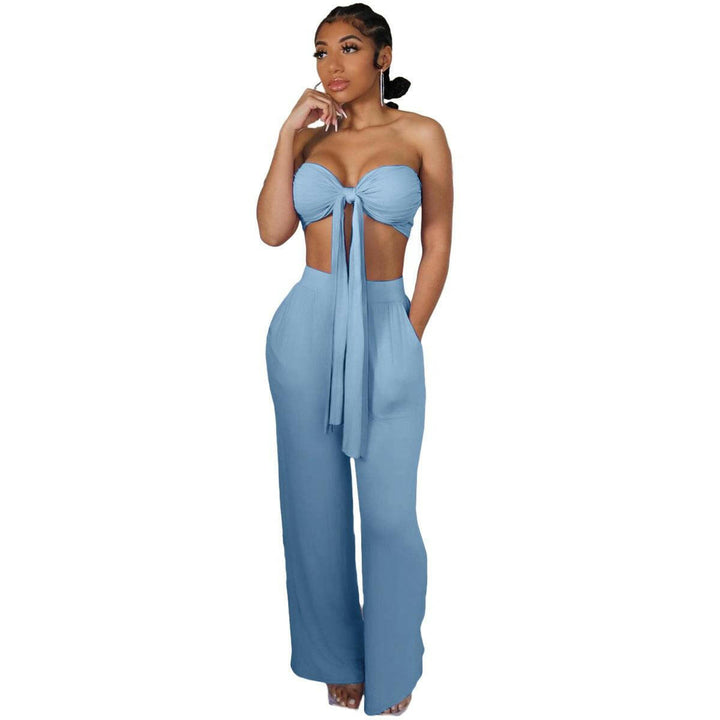 Saly Slim wrap Chest casual two piece sets-blue - La Belle Gina Boutique