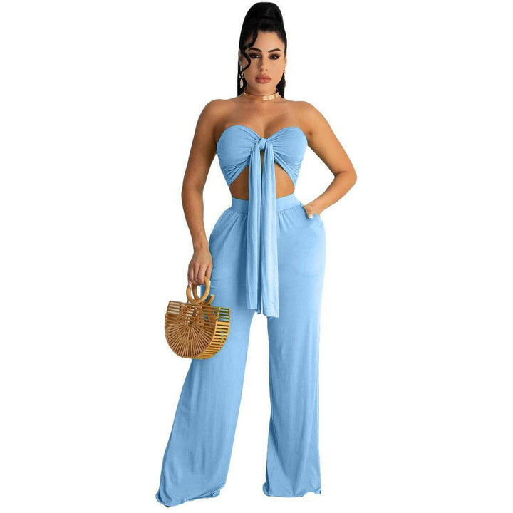 Saly Slim wrap Chest casual two piece sets-blue - La Belle Gina Boutique