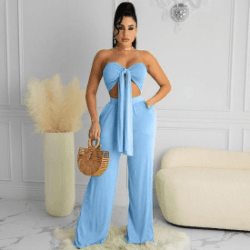 Saly Slim wrap Chest casual two piece sets-blue - La Belle Gina Boutique