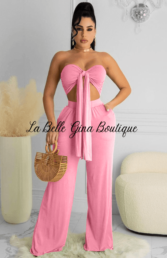 Saly Slim Wrap chest Casual two piece sets-pink - La Belle Gina Boutique