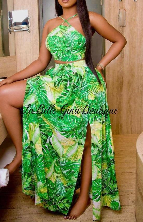 Sandia crop top split skirt two-piece set-Green - La Belle Gina Boutique