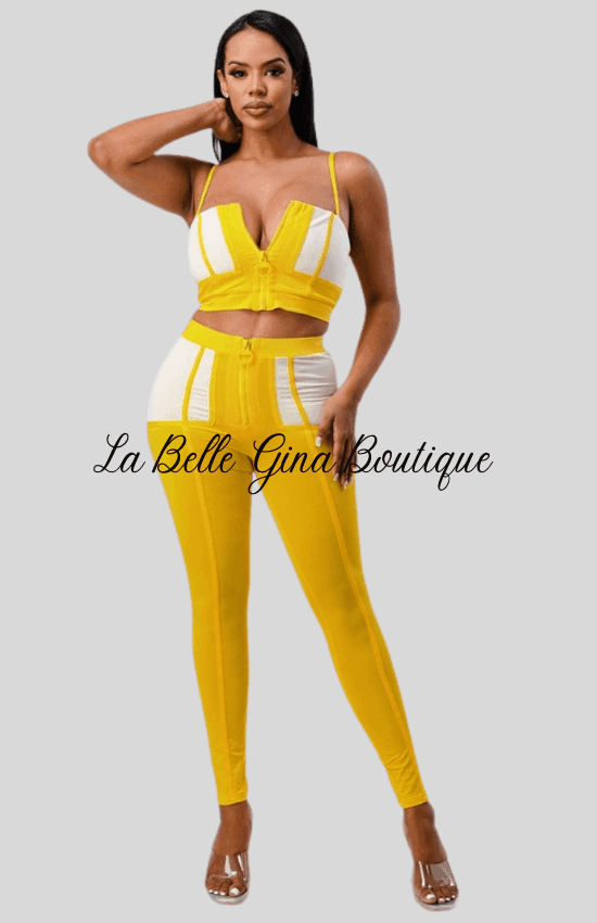 Sandra strappy top with front zipper matching set Yellow - La Belle Gina Boutique