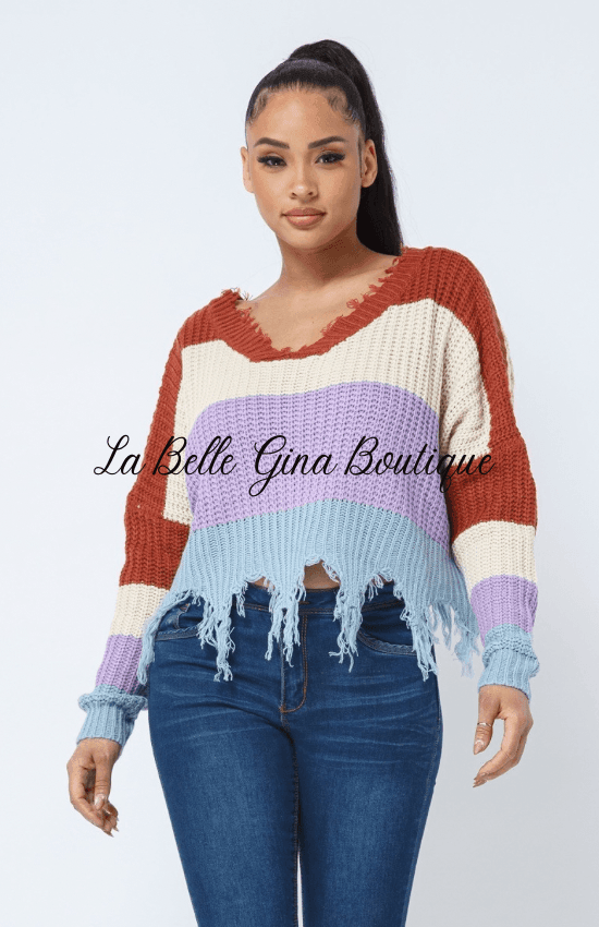 Sandra V neck distressed cozy sweater - La Belle Gina Boutique