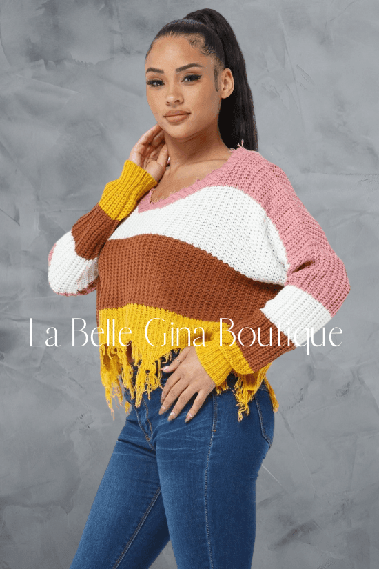 Sandra V neck distressed cozy sweater - La Belle Gina Boutique