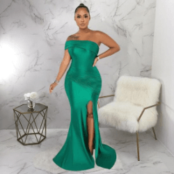 Sara off shoulder split length dress Green - La Belle Gina Boutique