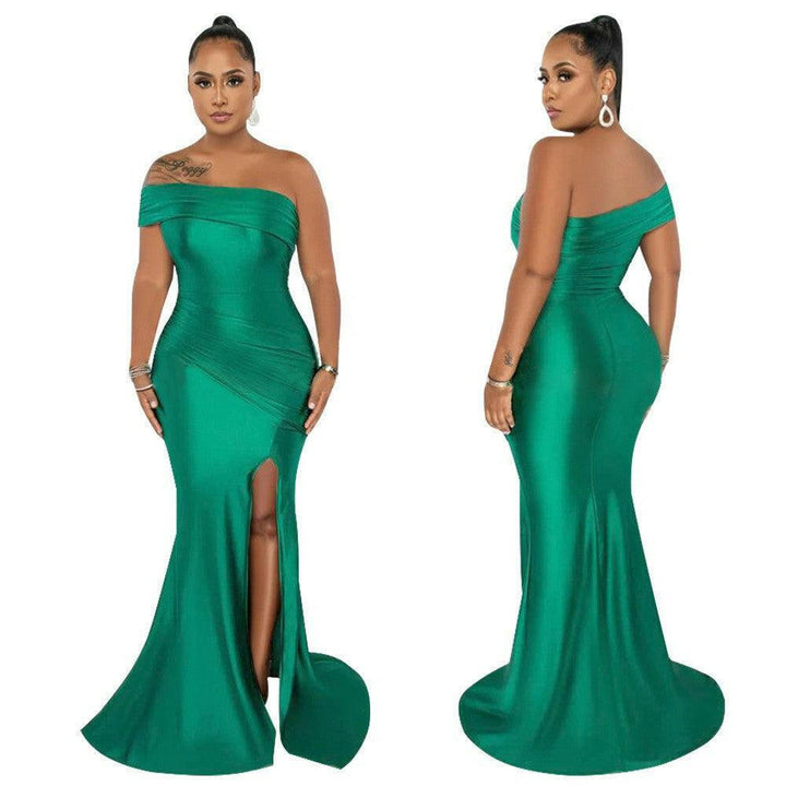 Sara off shoulder split length dress Green - La Belle Gina Boutique