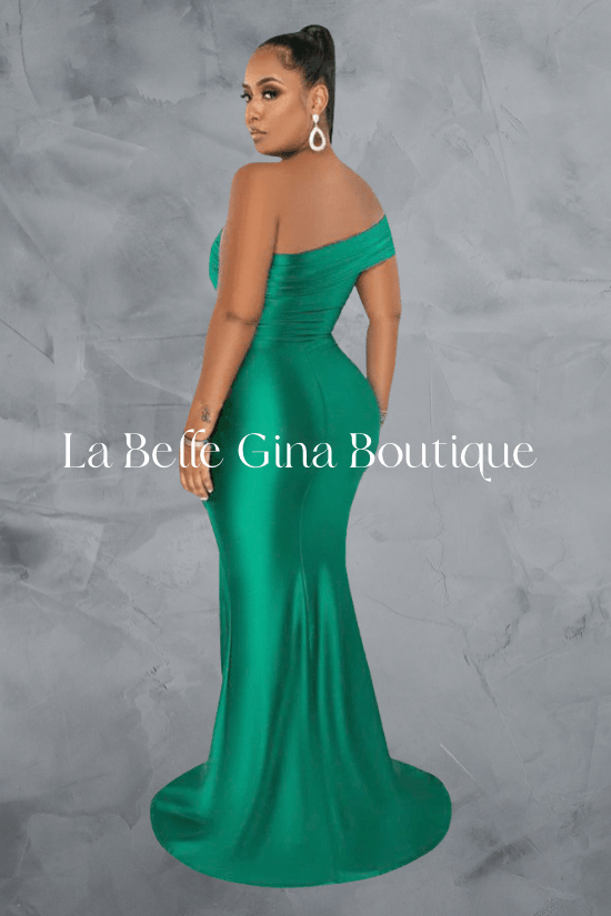 Sara off shoulder split length dress Green - La Belle Gina Boutique