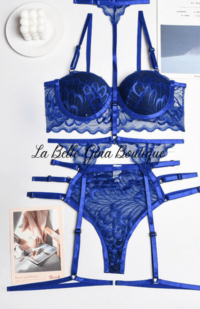 Sara Three-piece cup push up bra lingerie-Blue - La Belle Gina Boutique