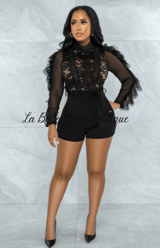 Sasha autumn and winter eyelash lace sexy see through romper Black. - La Belle Gina Boutique