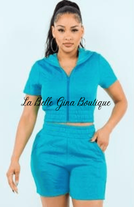 Sofia hem finishing on hoodie and short set-Blue - La Belle Gina Boutique