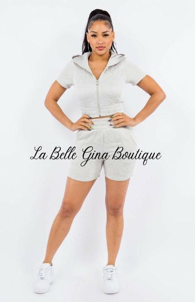 Sofia hem finishing on hoodie and short set-soft Grey - La Belle Gina Boutique