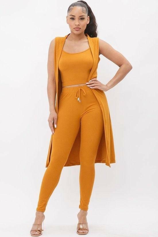 THREE piece ribbed legging set with top and cardigan - La Belle Gina Boutique