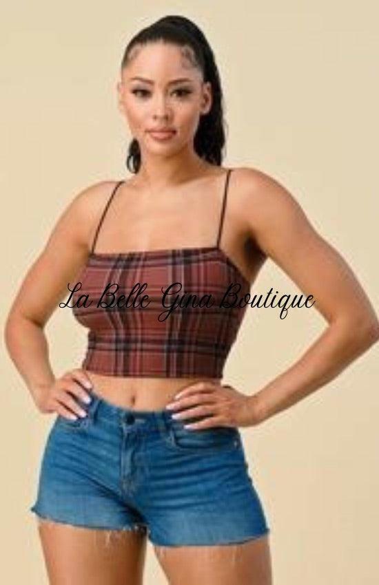 Vania sleeveless plaid printed crop top-Burgundy - La Belle Gina Boutique